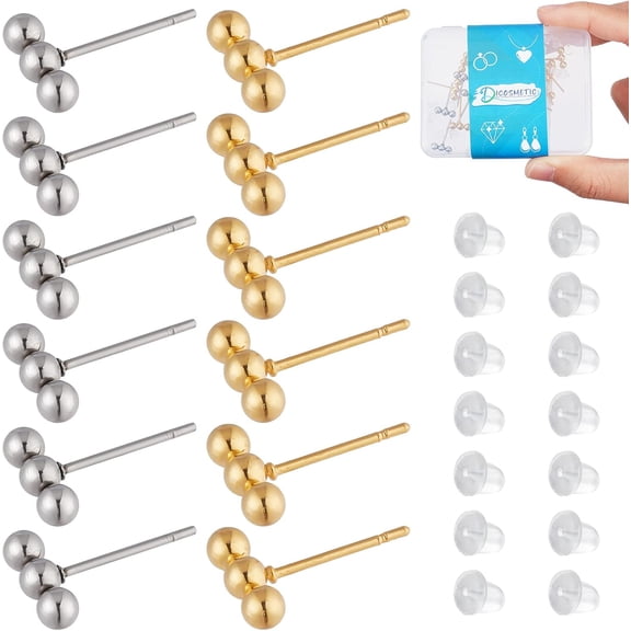 20Pcs 2 Colors 3 Dots Ball Stud Beaded Stud Earrings Stainless Steel Horizontal Bar Earring Post Gold Color Tiny Ball Stud Earrings Set for Women Men Pin: 0.6mm Colorful