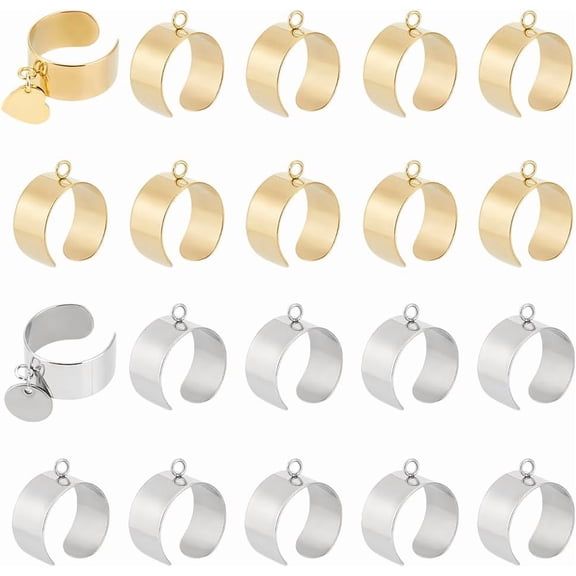 20Pcs 2 Colors 304 Stainless Steel Finger Ring Settings Loop Ring Base Golden & Stainless Steel Color 8mm Hole: 3mm Adjustable 10pcs/color