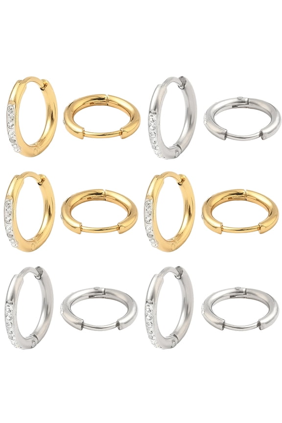 20Pcs 2 Colors 304 Stainless Steel Hoop Earrings with Rhinestone Mixed Color 13~14x2mm 10pcs/color