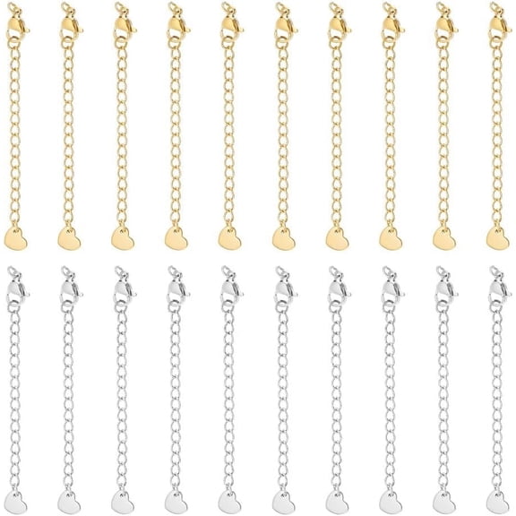 20Pcs 2 Colors 75mm Chain Extender 304 Stainless Steel Extension Chain Sets Necklace Extender Chains End Chains Extension Tails with Clasps and Tiny Heart Charm for Necklace Jewelry Making