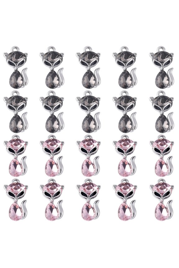 20Pcs 2 Colors Alloy Enamel Pendants with Glass Platinum Fox Charms Mixed Color 22.5x12.5x8mm Hole: 1.8mm 10Pcs/color