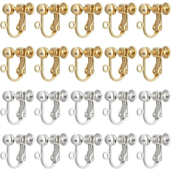 20Pcs 2 Colors Clip-on Earring Findings 24K Gold Sterling Silver Plated Non Pierced Earring Converter Screw Back Components with Loop for Jewellery Making DIY