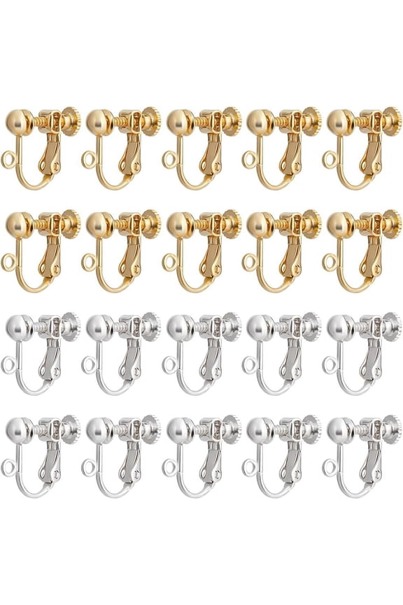 20Pcs 2 Colors Clip-on Earring Findings 24K Gold Sterling Silver Plated Non Pierced Earring Converter Screw Back Components with Loop for Jewellery Making