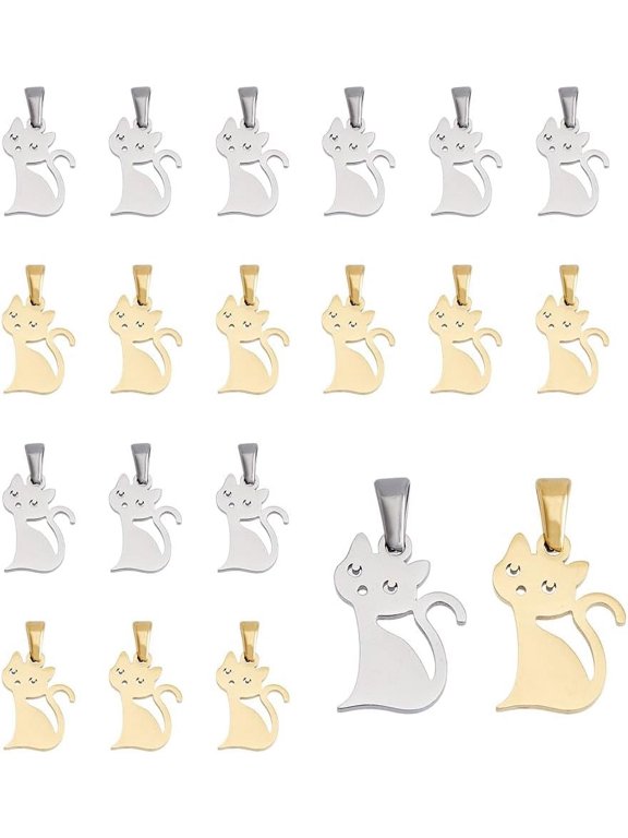 20Pcs 2 Colors Cute Cat Charms Naughty Kitty Charms Smooth Surface Charms Golden Cat Charms Naughty Kitty Charms Stainless Steel Pendants Handmade