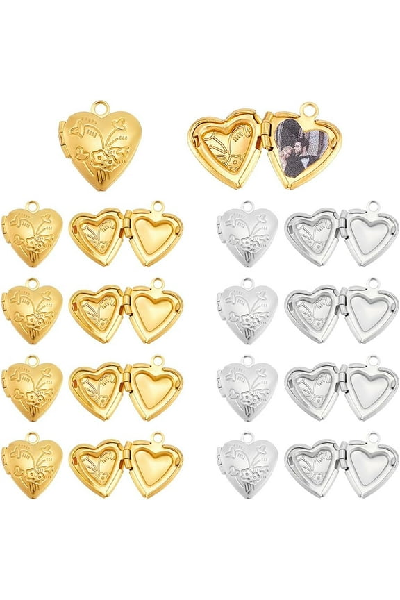 20Pcs 2 Colors Floating Locket Pendants Photo Frame Charms Metal Heart Pendants Heart Charms Memory Photo Pendant for DIY Memorial Necklace Jewelry DIY Craft Valentines Day Decor