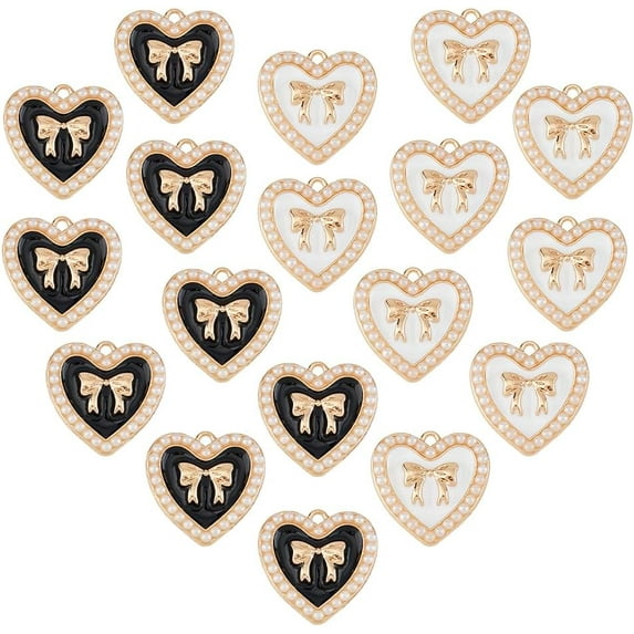 20Pcs 2 Colors Light Gold Tone Alloy Enamel Pendants with Plastic Imitation Pearls Heart with Bowknot Charm Mixed Color 21x21mm 10pcs/color