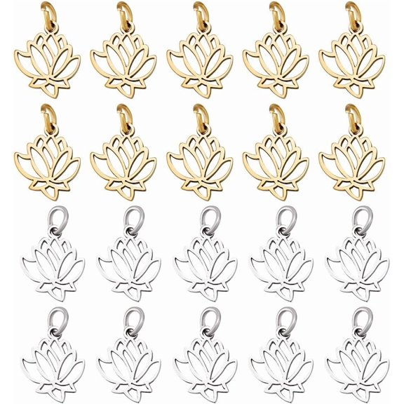 20Pcs 2 Colors Lotus Flower Charms Stainless Steel Hollow Lotus Charms Lotus Pendants Flower Pendant with Jump Ring