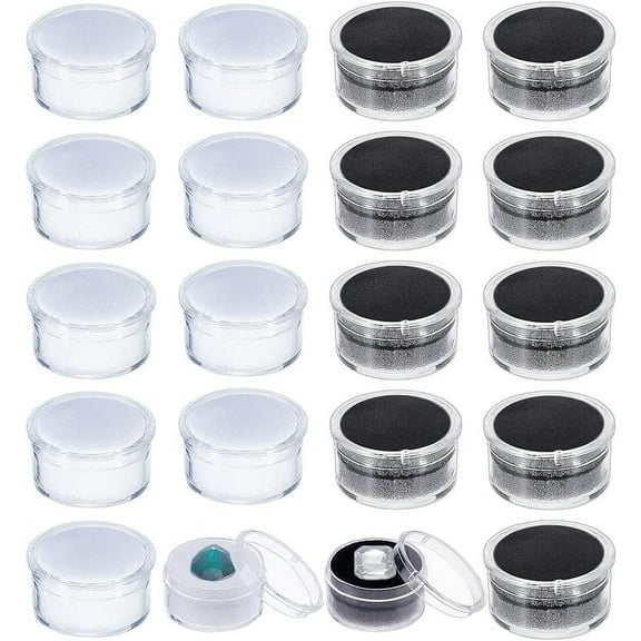 20Pcs 2 Colors Mini Round Stone Box Small Loose Diamond Gemstone Display Case Plastic Containers Holder with Clear Top Lids and Sponge Black and White 1.2×0.7 Inch