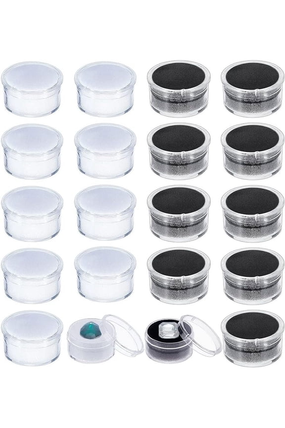 20Pcs 2 Colors Mini Round Stone Box Small Loose Diamond Gemstone Display Case Plastic Containers Holder with Clear Top Lids and Sponge Black and White 1.2×0.7 Inch