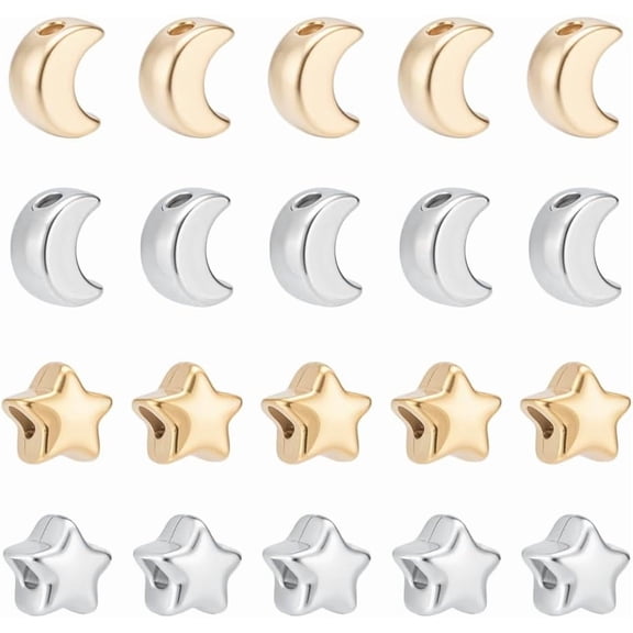 20Pcs 2 Colors Moon Star Beads Minimalist Loose Beads Metal Dainty Celestial Spacer Bead Simple Bead for DIY handcrafting