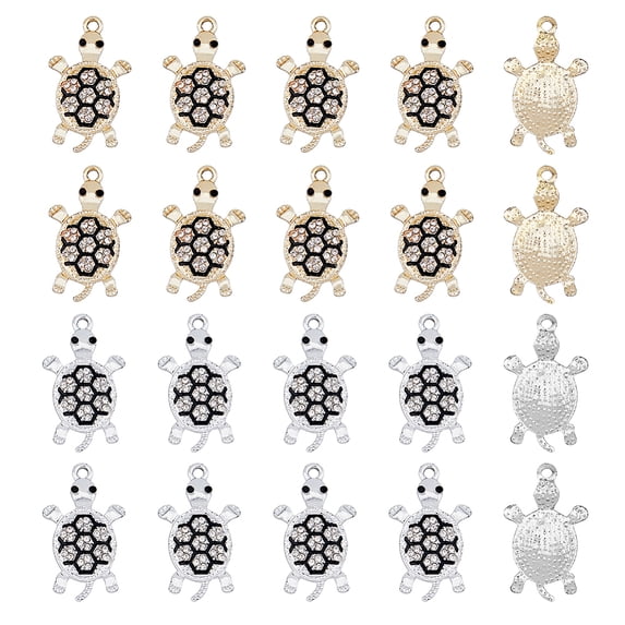 20Pcs 2 Colors Turtle Charm Pendants Silver and Golden Hand Ornament Diamond Encrusted Turtle Animal Beads for Earring Necklace Bracelet Jewelry DIY Making DIY