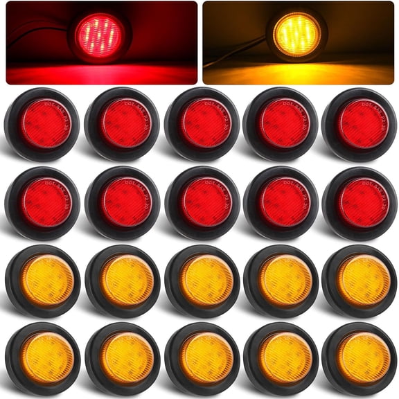 20Pcs 2" Inch Round Led Trailer Marker Lights 9LED, 10 Amber+10 Red 2" Red Round 9LED LED Indicator Side Clearance Lights Markers Flush Mount w/2 Prong Plug Grommet Pigtails IP67 Waterproof