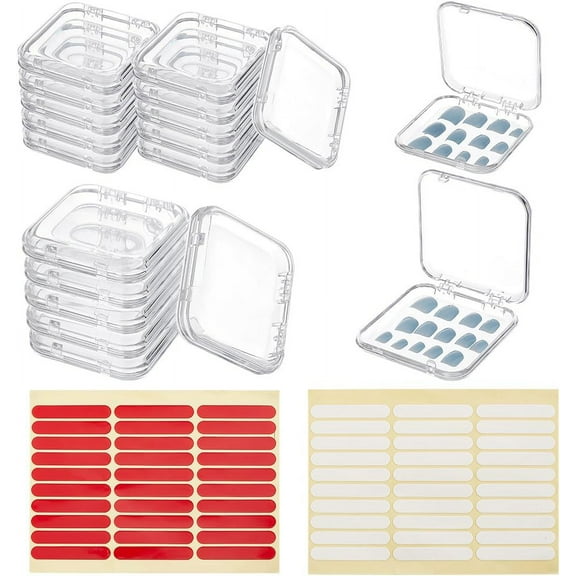 20Pcs 2 Sizes Press On Nail Storage Box with 2 Sheets Double Sided Adhesive Tape Clear Artificial Nail Display Storage Boxes Display Packing Box