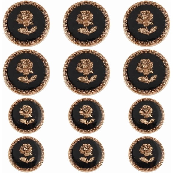 20Pcs 2 Style 1-Hole Alloy Enamel Buttons Flat Round with Rose Pattern Black 17~22x8~9mm Hole: 2.5mm 10pcs/style