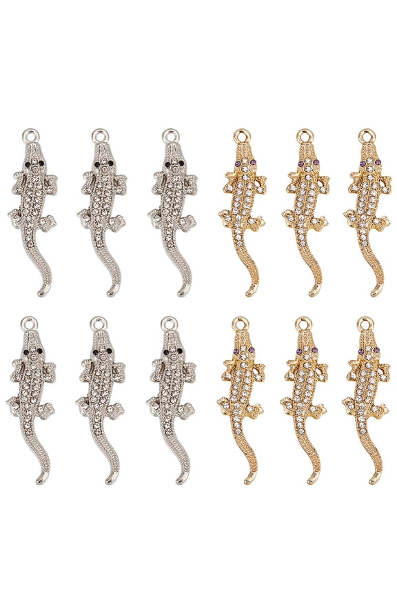20Pcs 2 Styles Alloy Rhinestone Pendants Crocodile Charms Platinum & Golden 43x12~12.5x5~5.5mm Hole: 1.8~2mm 10pcs/style DIY