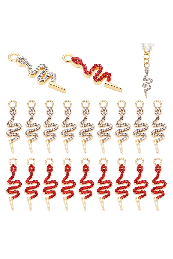 20Pcs 2 Styles Alloy Rhinestone Pendants Snake Charms Golden 27-27.5x8x2.5mm Hole: 2-2.5mm 10pcs/style