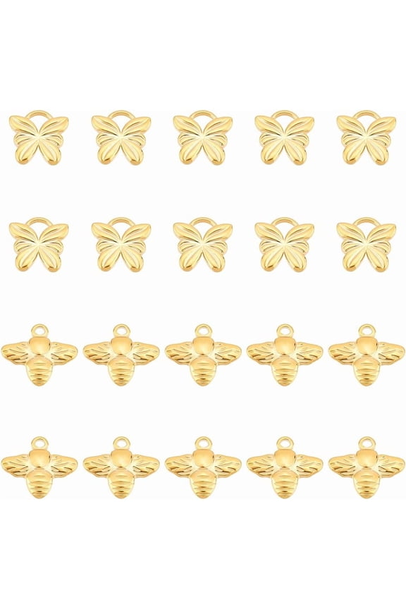 20Pcs 2 Styles Bee Charms Stainless Steel Bee and Butterfly Charms Textured Gold Color Bumble Bees Charm for Bracelet Necklace Earring DIY Jewelry Making Hole: 1.5~3mm Gold