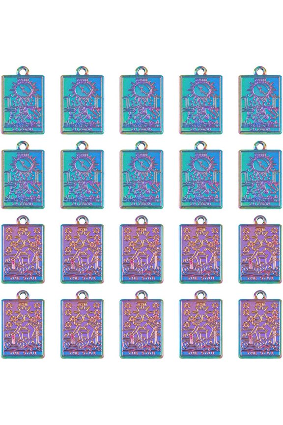 20Pcs 2 Styles Tarot Card Charms Rack Plating Alloy Pendants Star and Luna Charms Rainbow Rectangle Charms Pendants Tarot Card Pendant