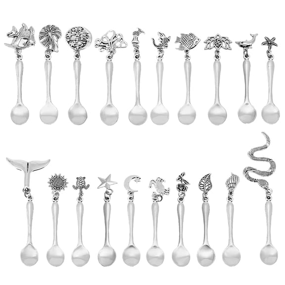 20Pcs 20 Styles Alloy Coffee Tea Spoon Mixed Shapes Silver 70~105mm 1pc/style