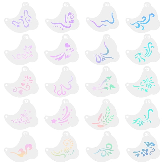 20Pcs 20 Styles Reusable Facepaint Stencils White Plastic Heart Flower Star Butterfly Body Facial Tattoo Face Paint Templates Kit with Ring DIY