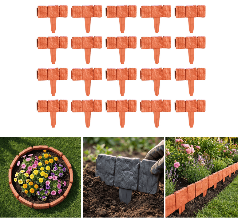 20Pcs 2026 New Edging for Landscaping - Garden Edging Border-9 in Tall-Plastic Stone Effect for DIY Landscape, Lawn & Flower Bed - (20Pcs_Red)