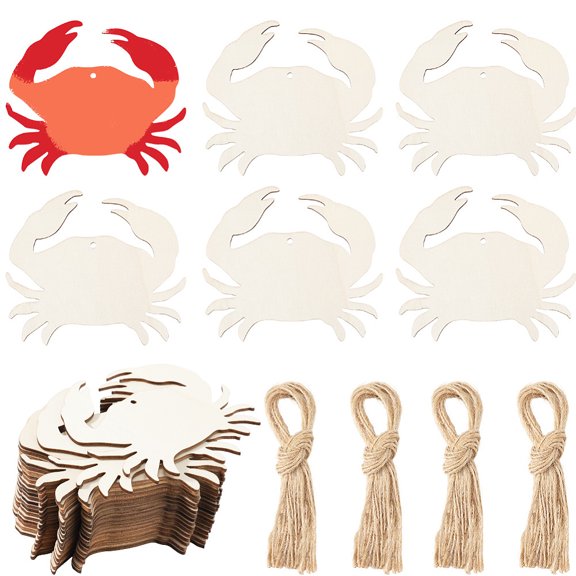 20Pcs 3.5x3.7 Inch Crab Shaped Wood Cutout Unfinished Wooden Slices Blank Wooden Gift Tags with Hole Hemp Ropes Hanging Ornaments for DIY Crafts