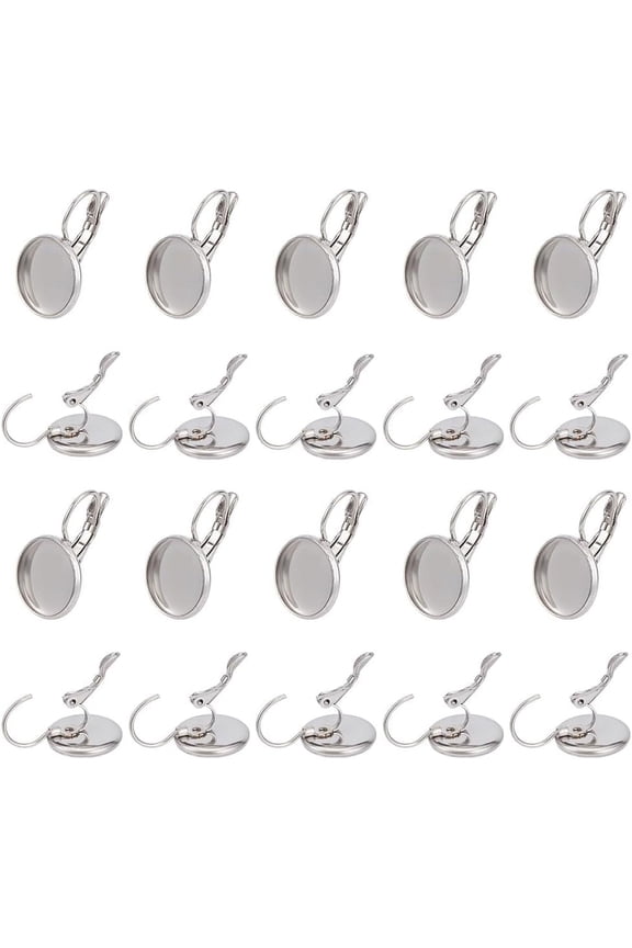 20Pcs 304 Stainless Steel Earring Blank Base Cabochons Bezel Tray Earring Open Hoop Earrings Components with 12mm Flat Round Blank for Dangle Earring Jewelry Making