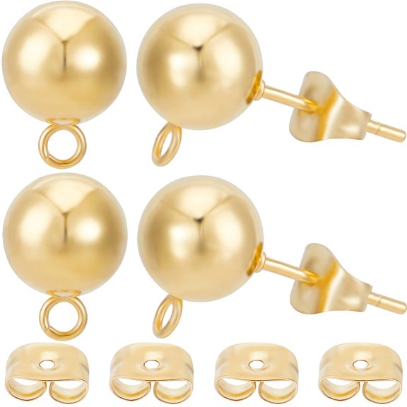 20Pcs 304 Stainless Steel Round Post Stud Earring Findings with Horizontal Loops and Ear Nut/Earring Backs Real 24K Gold Plated 11mm