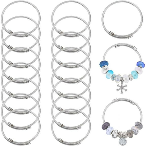 20Pcs 304 Stainless Steel Round Rope Chain Cuff Bangle for Women Stainless Steel Color Inner Diameter: 2-1/4 inch(5.6cm)