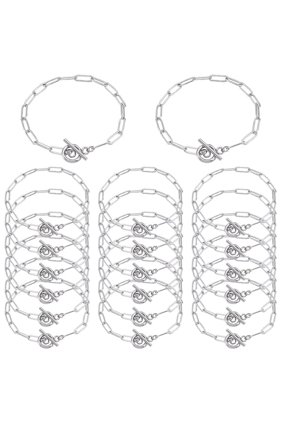 20Pcs 304 Stainless Steel Textured Paperclip Chain Bracelets with Toggle Clasps Stainless Steel Color 7-5/8 inch(19.5cm)
