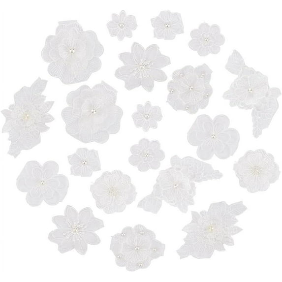 20Pcs 3D Flower Lace Embroidery Appliques Floral Sew On Patches White Pearl Lace Patch Fabric for Clothes Repairing