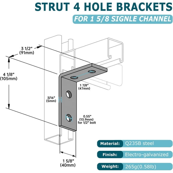 20Pcs 4 Hole 90 Degree Bracket for 1 5/8 Strut Channel, Heavy Duty L Fitting Galvanized Connectors, 5mm Thickness