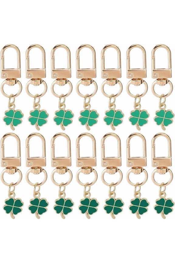 20Pcs 4 Leaf Clover Key Chain Plant Keychain Bulk Golden Metal Alloy Enamel Lucky Green Plants Charm Keyring Keychains with Swivel Clasps