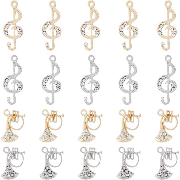 20Pcs 4 Style Rack Plating Charms Alloy Rhinestone Pendants Platinum Golden Musical Note Instruments Charms Sparkling Rhinestone Charms for Jewelry Making Hole: 1.5~2mm Colorful