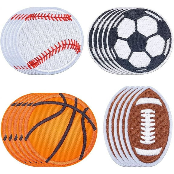 20Pcs 4 Styles Sport Ball Iron on Patches Sports Embroidery Patch Assorted Basketball Football Baseball Soccer Sew on Repair Badge Appliques Bulk for Sewing Making Cloth Jeans Shirts Jacket