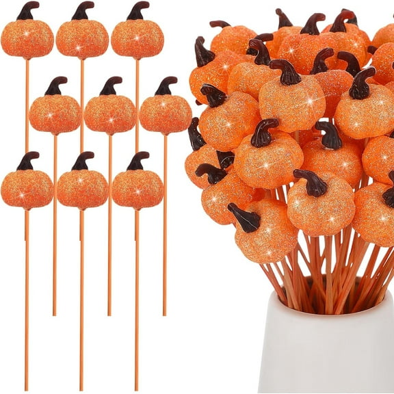 20Pcs/40Pcs Fall Pumpkin Floral Picks Glitter Pumpkin Stems Thanksgiving Halloween Foam Picks Fall Decorations for Home Autumn Harvest Party for Vases Table Centerpiece Floral Arrangement