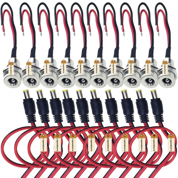 20Pcs 5.5 x 2.1 MM DC Power Jack Socket Dc099 30V Threaded Female Mount Connector Adapter with Cable & 5.5mm x 2.1mm 12V Pure Copper Male DC Power Pigtail Cable