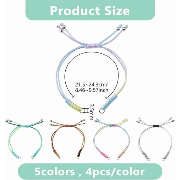 20Pcs 5 Colors Adjustable Nylon Braid Bracelets Half Finished Bracelet Cord Bracelet Bulk Rope Thread with Jump Rings Cord Slider Bracelets for Jewelry Making