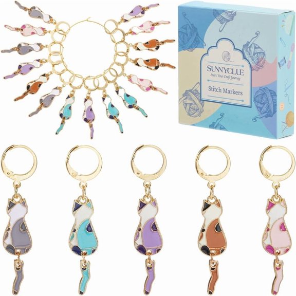 20Pcs 5 Colors Cat Alloy Enamel Pendant Locking Stitch Markers with 304 Stainless Steel Leverback Earrings Mixed Color 4.9cm 4pcs/color creative