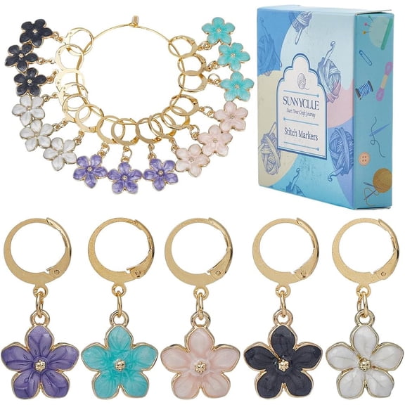 20Pcs 5 Colors Knitting Markers Charms Flower Stitch Markers Cute Enamel Daisy Planner Charms Stainless Steel Leverback Hoop Crochet Marker