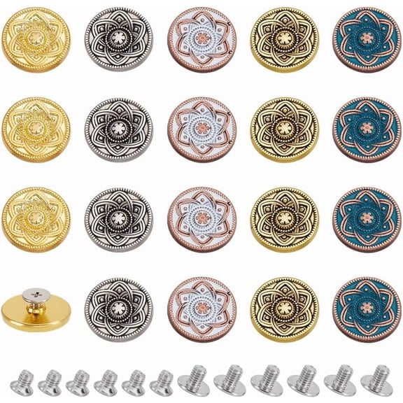 20Pcs 5 Colors Metal Decorative Rivets 17mm Vintage Flower Pattern Rivet Studs Flat Round Screw Back Buttons for DIY Crafts Purse Bags Leather Decoration
