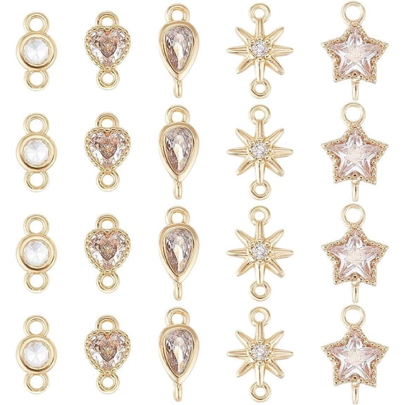 20Pcs 5 Style 18K Gold Plated Links Flat Round Star Brass Micro Pave Cubic Zirconia Links Teardrop Heart Shape Connecter