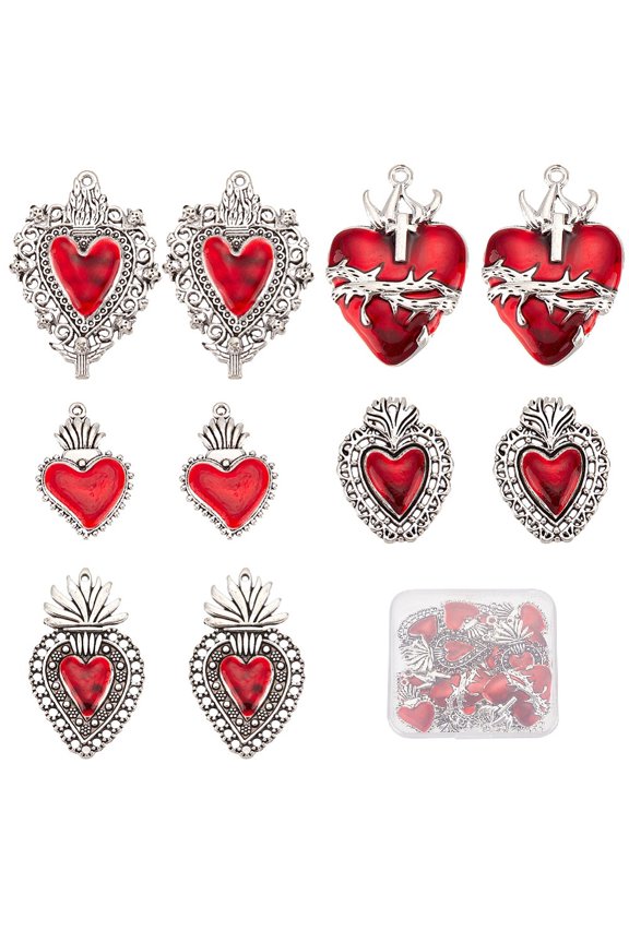 20Pcs 5 Styles Alloy Enamel Pendants Antique Silver Heart Charm FireBrick 29~42x20~29.5x3~5mm Hole: 1.5~2mm 4pcs/style