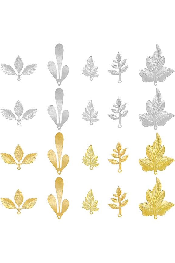 20Pcs 5 Styles Brass Pendants Platinum Tree Leaf Pendants with Texture Golden Maple Leaf Charms Jewelry Charms for Necklaces Bracelets Earrings Jewelry Making Platinum & Golden