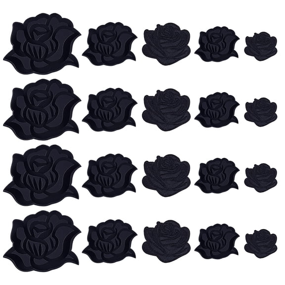 20Pcs 5 Styles Rose Shape Cloth Iron on Embroidered Patches Sewing Craft Decoration Black 26~86x30~104x0.7~1.2mm 4pcs/style