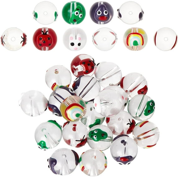 20Pcs 5 Styles Transparent Glass Enamel Beads 12mm Crystal Bracelet Loose Spacers Beads Round Print