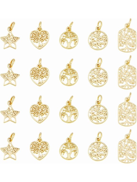 20Pcs 5 Styles Tree of Life Pendants Family Tree Charms Brass Filigree Charms Real 18K Gold Plated Tree Charms Hollow Star Round Heart Dangle Charms for Jewelry Making Hole: 3-3.5mm