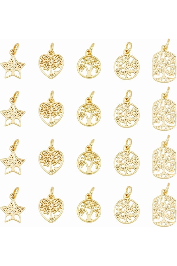 20Pcs 5 Styles Tree of Life Pendants Family Tree Charms Brass Filigree Charms Real 18K Gold Plated Tree Charms Hollow Star Round Heart Dangle Charms for Jewelry Making Hole: 3-3.5mm Gold DIY