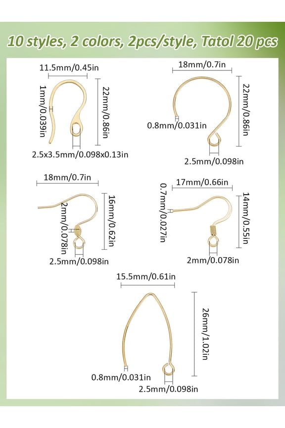 20Pcs 5Styles Earring Hooks Ear Wires 304 Stainless Steel Earring Hooks French Wire Hooks Ear Wire Findings with Loop Mixed Color for Earring Making and DIY Stud Earring Supplies