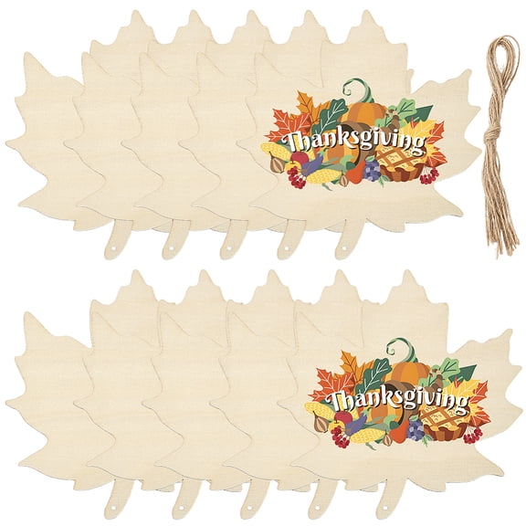 20Pcs 6.9" Wood Maple Leaves Wooden Craft Cutouts with Hemp Rope Thanksgiving Day Theme Autumn Unfinished Wood Pendant Hanging Ornaments Tags